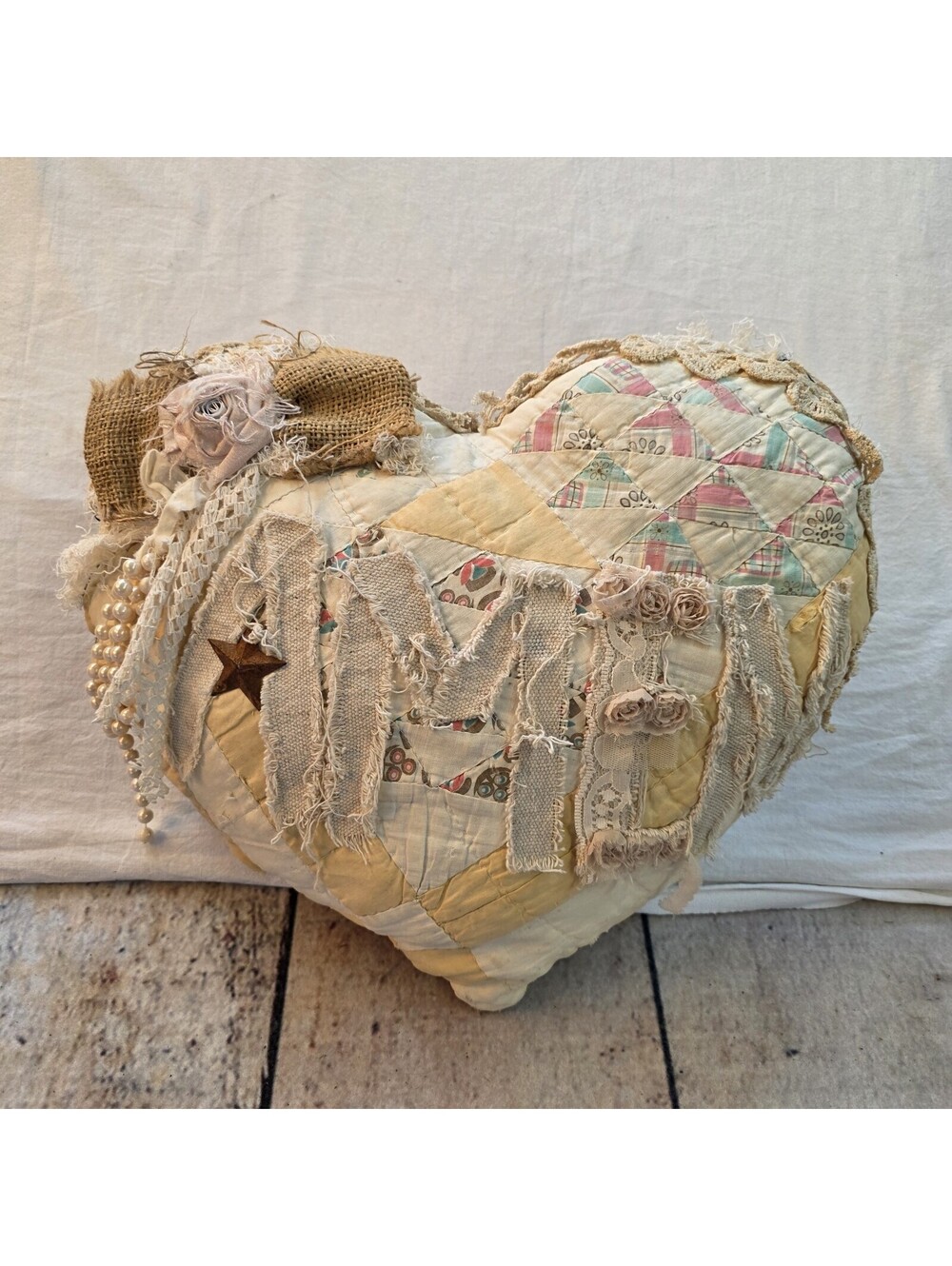 Hand Made Quilted "AMEN" Heart Shape Pillow Throw Lace Trim